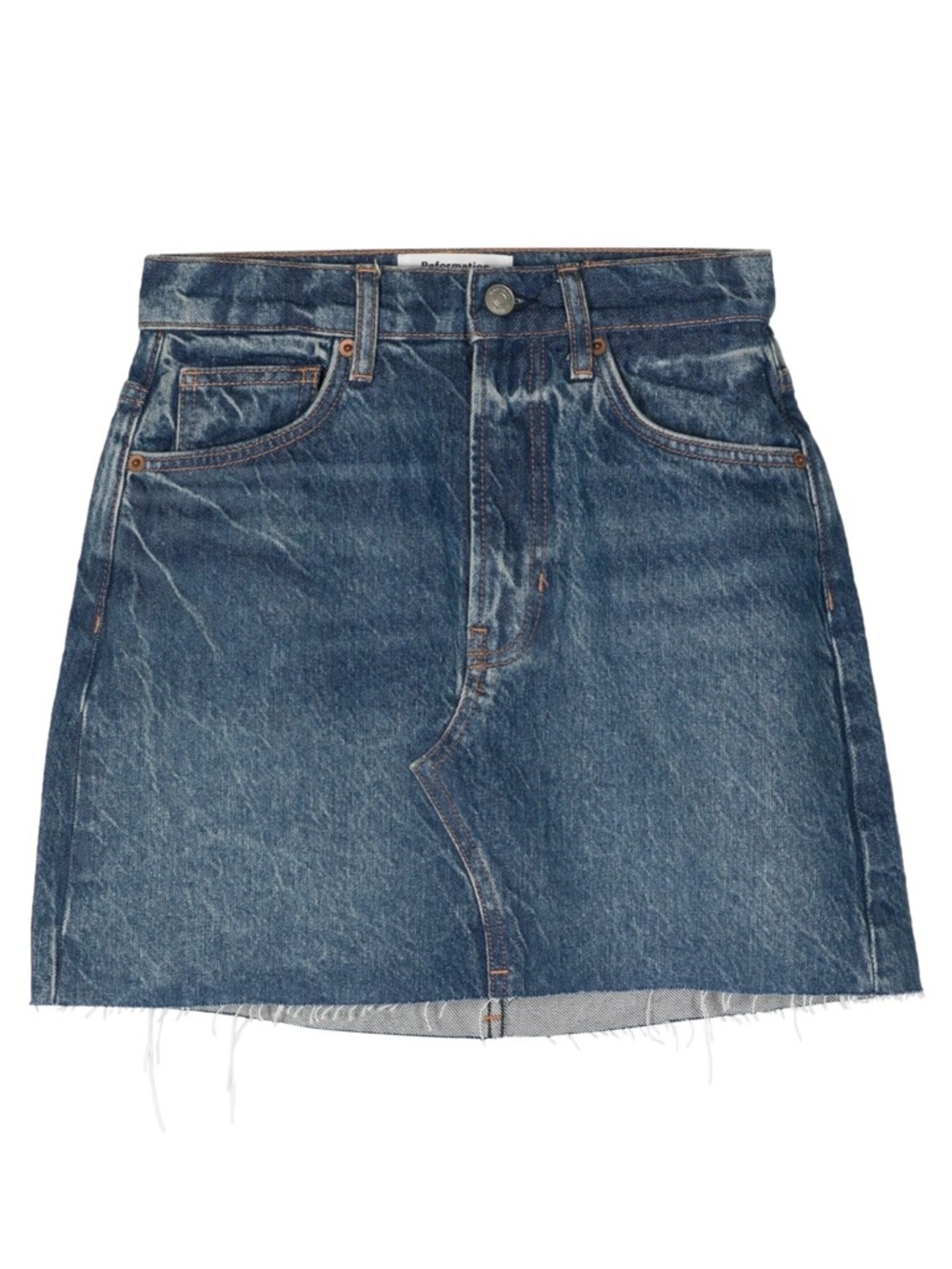 Reformation Nina Denim Mini Skirt High Rise Frayed Hem Blue Wash Womens 25 EUC